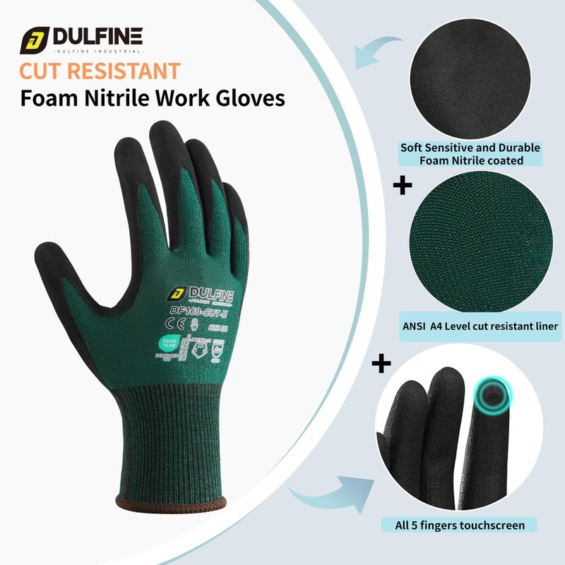 DULFINE ANSI A4 Cut Resistant Work Gloves for Men,6 Pairs Pack.Touchscreen Micro Nitrile Coated,Anti-Slip & Durable for Construction, Wood Cutting,Glass Factory Industrial Use(Large) - Image 2